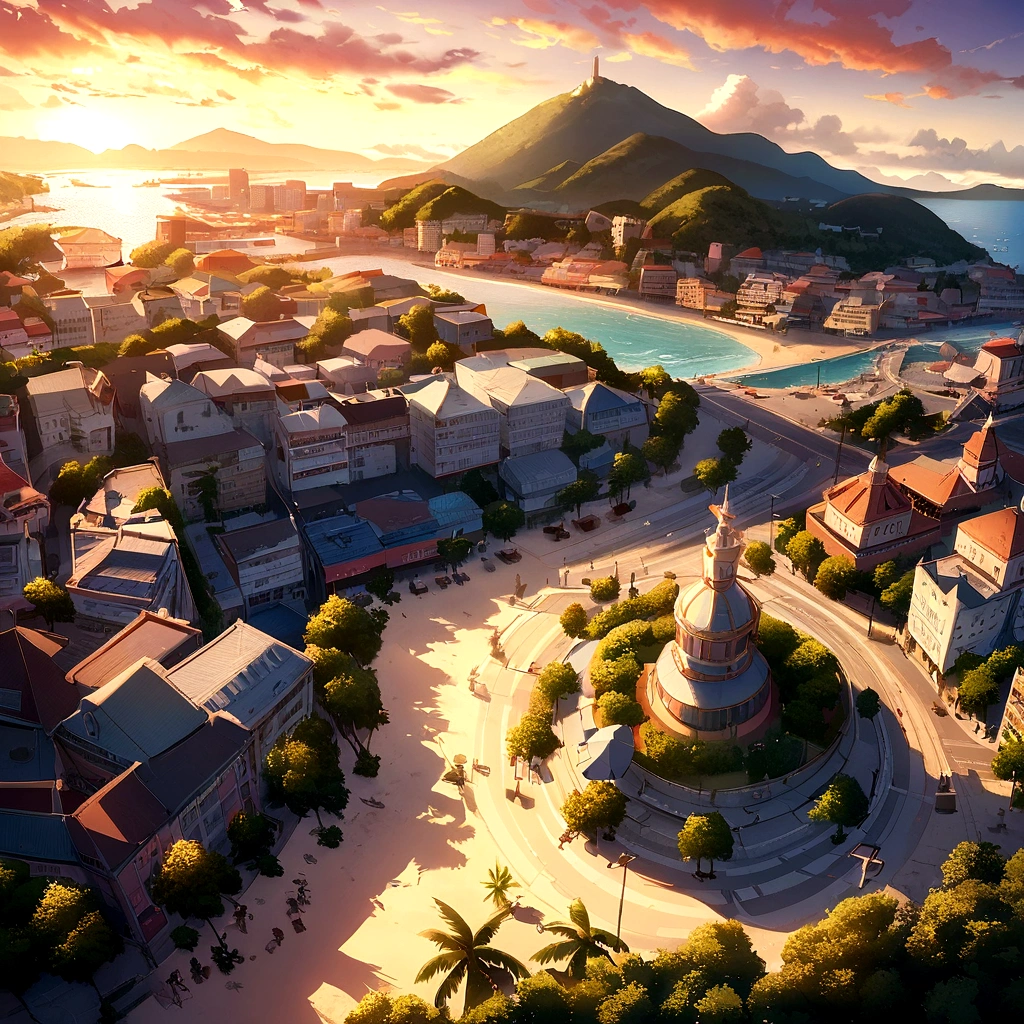 beautiful sunrise, beautiful morning, Caribbean city, city center, Beautiful beach, mountains, blue sea, tourism