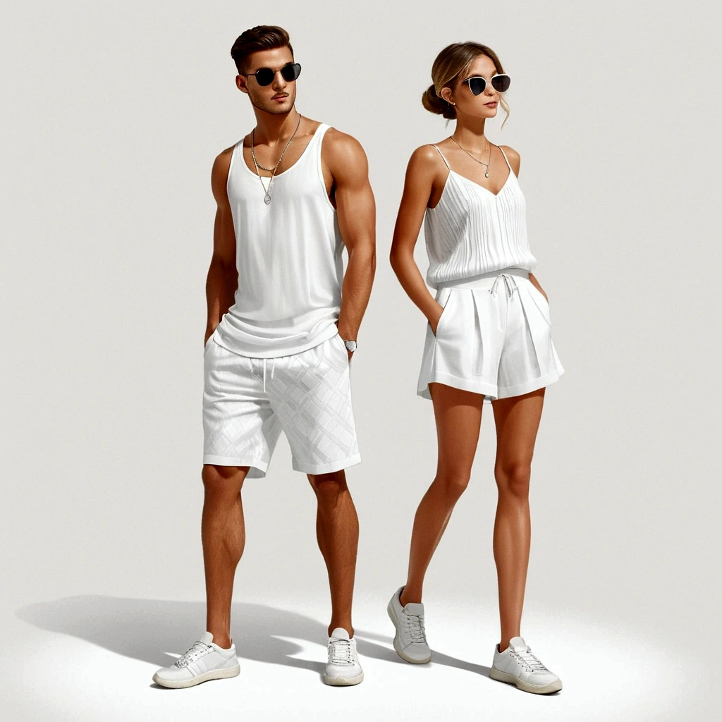 candid fashion illustration of young man and woman, both aged 20 year old, ((showcase fashion in a White cotton-rayon outfits)),  inspired by JACQUARD's spring-summer collection in elegant luxury style, The man wears an oversized short-sleeved white shirt with a sporty details, paired with relaxed-fit white Sports Shorts with semi hard bulge, He completes his look with white sneakers and sunglasses. The woman complements him in Ankle-length dress in white and spaghetti shoulder straps, with Gathered detail tiers down the skirt and hem, Her ensemble includes an accessorizes white sneakers and full of necklace. Captured in a low angle, ((full-body image)), (full-body pose)), ((white studio background)), realistic color pencil lines, perfect drawing, charcoal lines, fading sketch, quick Sketch, soft light, 