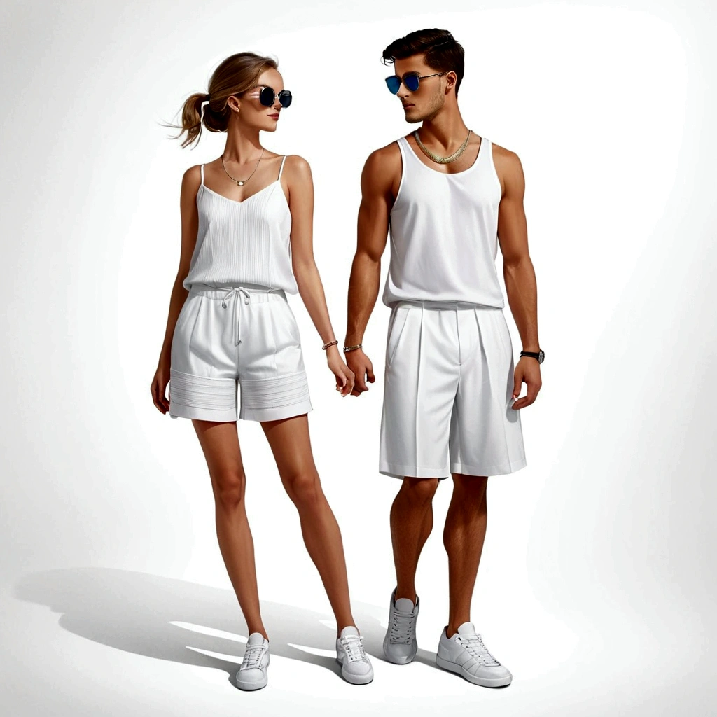 candid fashion illustration of young man and woman, both aged 20 year old, ((showcase fashion in a White cotton-rayon outfits)),  inspired by JACQUARD's spring-summer collection in elegant luxury style, The man wears an oversized short-sleeved white shirt with a sporty details, paired with relaxed-fit white Sports Shorts with semi hard bulge, He completes his look with white sneakers and sunglasses. The woman complements him in Ankle-length dress in white and spaghetti shoulder straps, with Gathered detail tiers down the skirt and hem, Her ensemble includes an accessorizes white sneakers and full of necklace. Captured in a low angle, ((full-body image)), (full-body pose)), ((white studio background)), realistic color pencil lines, perfect drawing, charcoal lines, fading sketch, quick Sketch, soft light, 