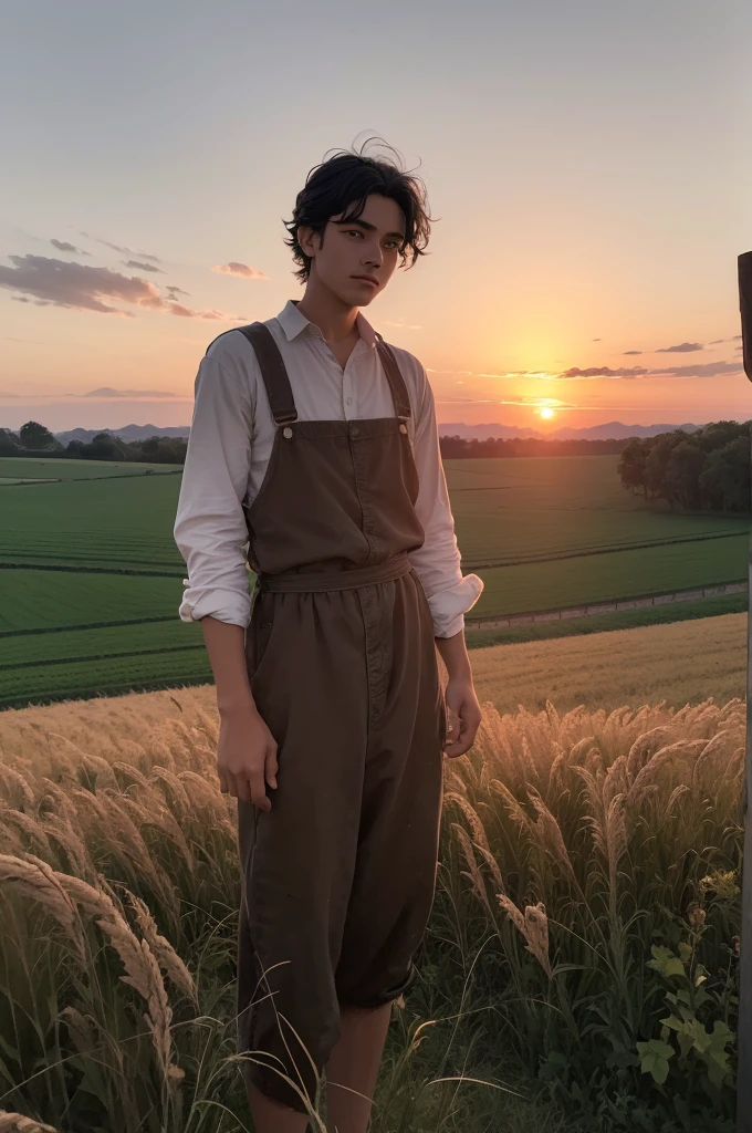 In the photo, we would see a young 17 year old farmer, called Alonso, in an open field at dusk. He is standing, Alonso has curly black hair, Her clothes are simple and rustic, typical of a peasant, but he uses them with a certain air of improvised nobility.

Ao fundo, we can see a distant windmill, giving a subtle touch to the Don Quixote reference. The sky is dyed in warm orange and pink tones from the sunset, creating a serene and bucolic environment around the young farmer.