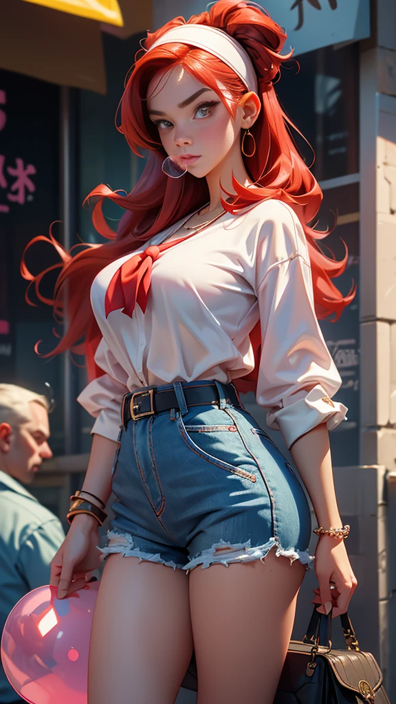 masterpiece,best quality,high resolution,Movie Lighting,dramaticangle,1 Girl,Red hair,Double tail,Red Eyes,goggles,Headband,White shirt,Garment cutting,fishing net,garter,Blue shorts,Fangs,Holding an iPhone,Looking at the audience,handbag,belt,Huge breasts,Thick thighs,Necklace,peak,Happy,close up,portrait,Street View,crowd,stand against wall,shop,tie,blush,(Chewing bubble gum:1.4),skull decoration，（（Very Huge breasts）），（（Grooves reveal original skin））