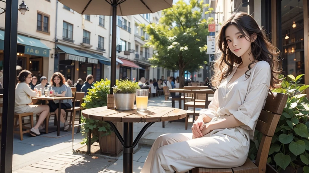Girl sitting lazily in charming outdoor cafe, Surrounded by comfortable chairs and tables.Beautiful curly hair、