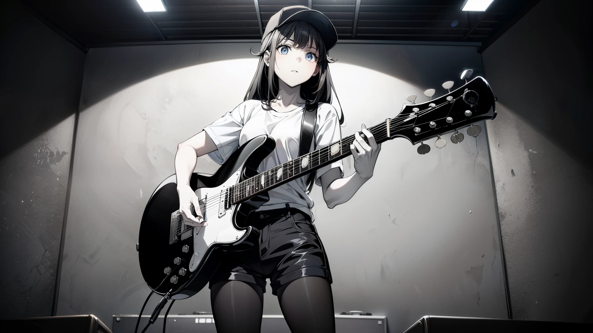 (((grayscale)))(masterpiece:1.2, Highest quality), (Graffiti wall:1.15), One woman, Beanie, Jacket, leggings, blue eyes, whole body,masterpiece, Highest quality, Highly detailed CG, (Intricate details:1.2), 8k wallpaper, One girl, alone , gray , guitar, (holding guitar:1.2), sing, Are standing, Stage lighting, (Mike stand:1.2),a young woman with an electric guitar, black shorts, blue eyes, alone, shirt, Black Hair, Baseball cap, white shirt, View your viewers, 長いBlack Hair, Short sleeve, Long Hair