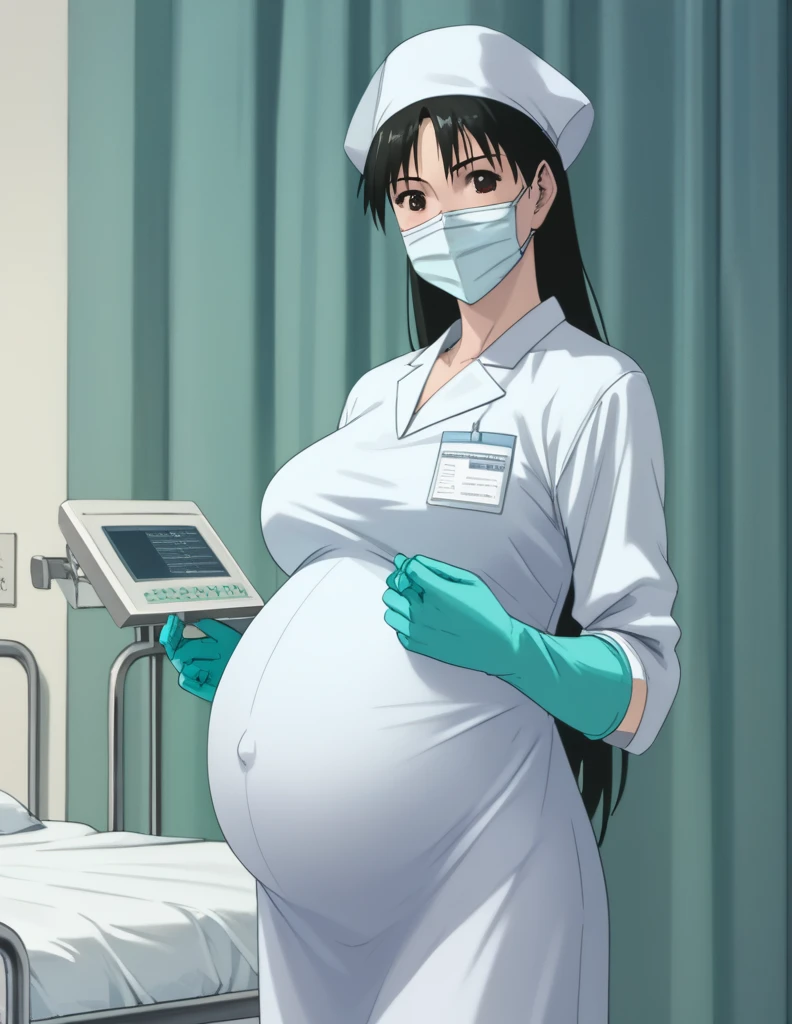 Score_9, Score_8_up, Score_7_up, anime, kasugano rey, highest quality, masterpiece, pale skin, big breasts, surgical mask, surgical cap, long sleeve surgical gown, 9 months pregnant, hide your hair completely,
1 girl, pregnant, solo, rubber gloves, in the operating room, standing, hospital bed, ultrasound,