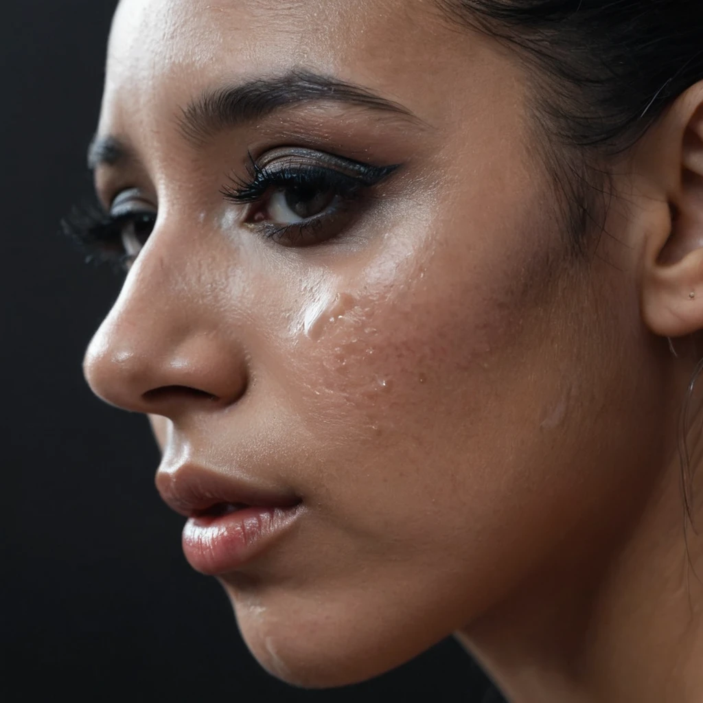 close up and zoomed in on a beautiful depressed emotional sad crying black girl with crying a single teardrop running down her face and a black background, sad, depressed, emotinoal, close up on side profile only showing cheek and eyelight falling on face, noir photorealism, mysterious portrait of a woman, chiaroscuro portrait, close up on side profile, tinashe, zoe kravitz, zoomed in on tear drop, euphoria vibes, tears, crying, black and white, dark