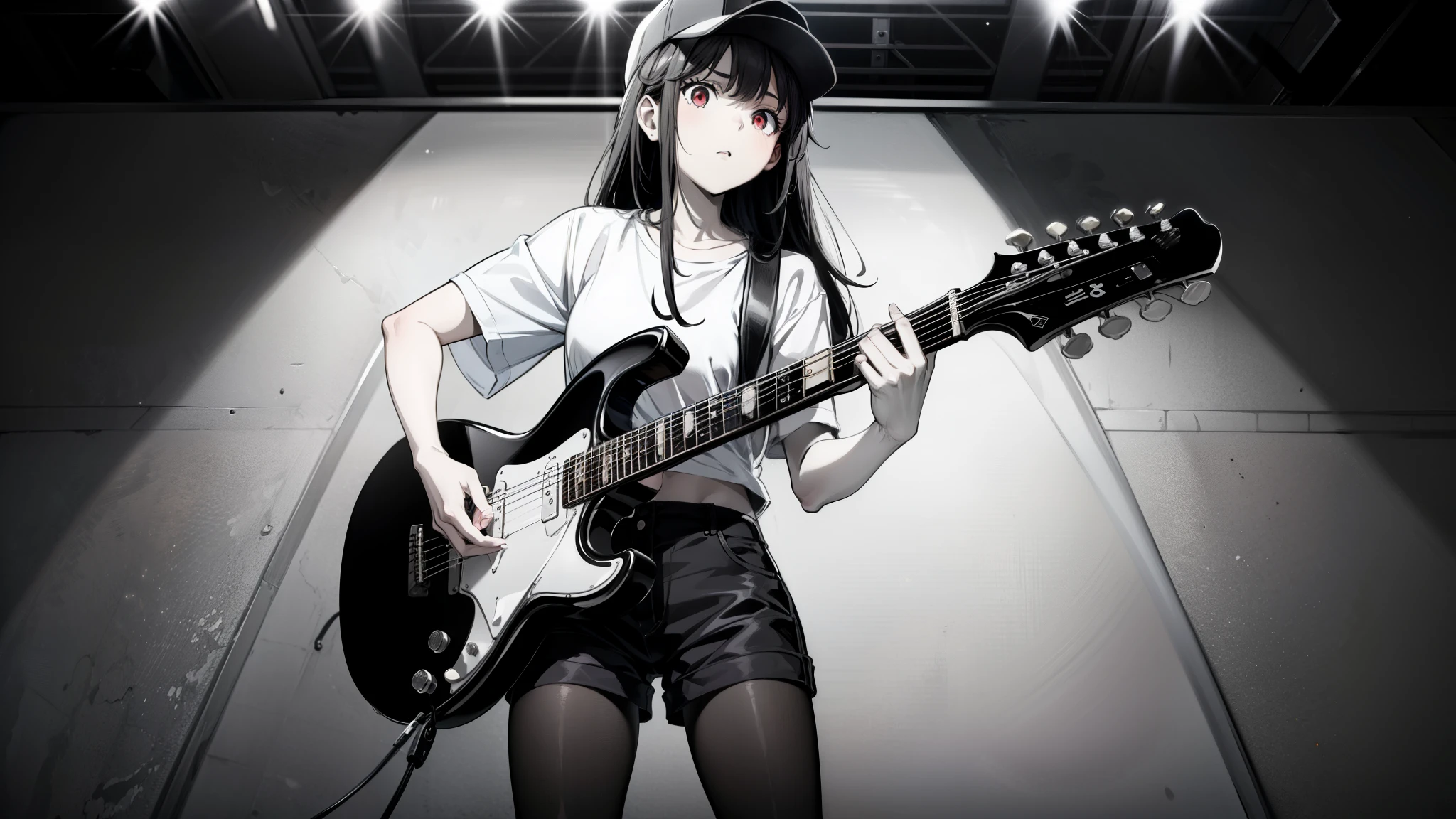 (((grayscale)))(masterpiece:1.2, Highest quality), (Graffiti wall:1.15), One woman, Beanie, Jacket, leggings, Red eyes, whole body,masterpiece, Highest quality, Highly detailed CG, (Intricate details:1.2), 8k wallpaper, One girl, alone , gray , guitar, (holding guitar:1.2), sing, shout,Are standing, Stage lighting, (Mike stand:1.2),a young woman with an electric guitar, black shorts, Red eyes, alone, shirt, Black Hair, Baseball cap, white shirt, View your viewers, 長いBlack Hair, Short sleeve, Long Hair