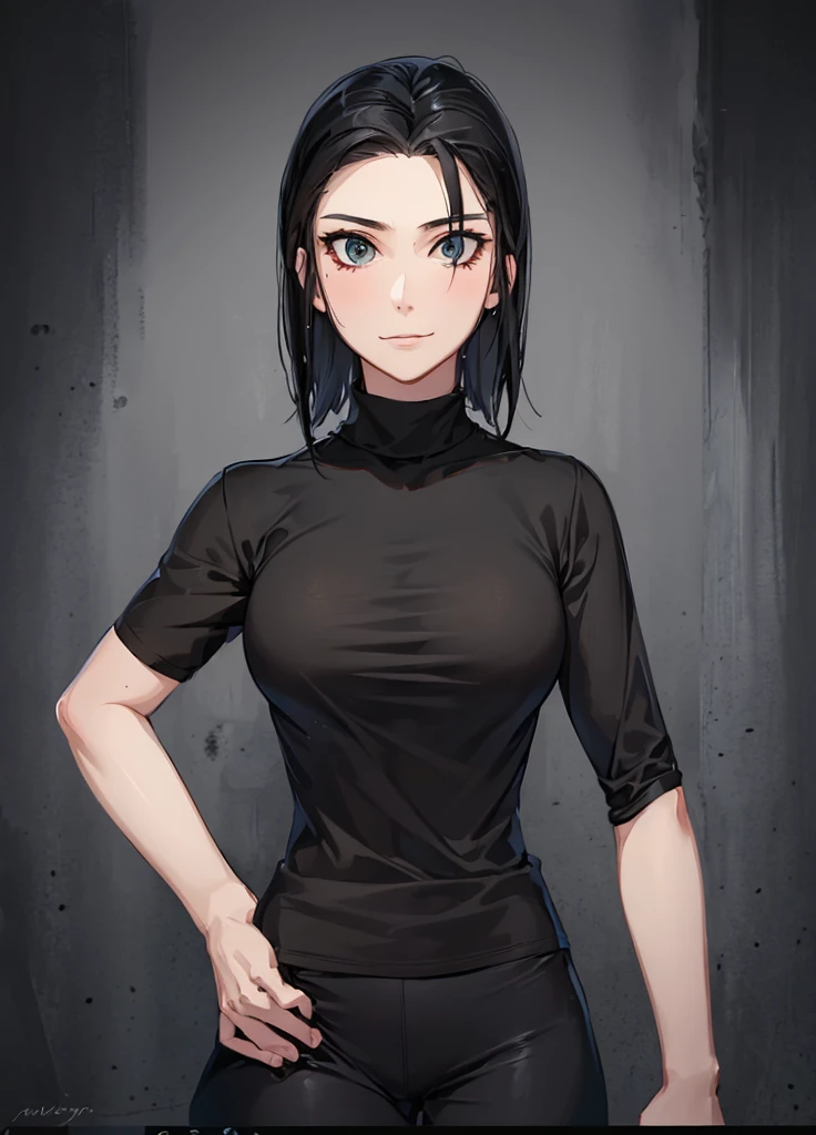 girl, wearing a black t-shirt and sweatpants, short black hair