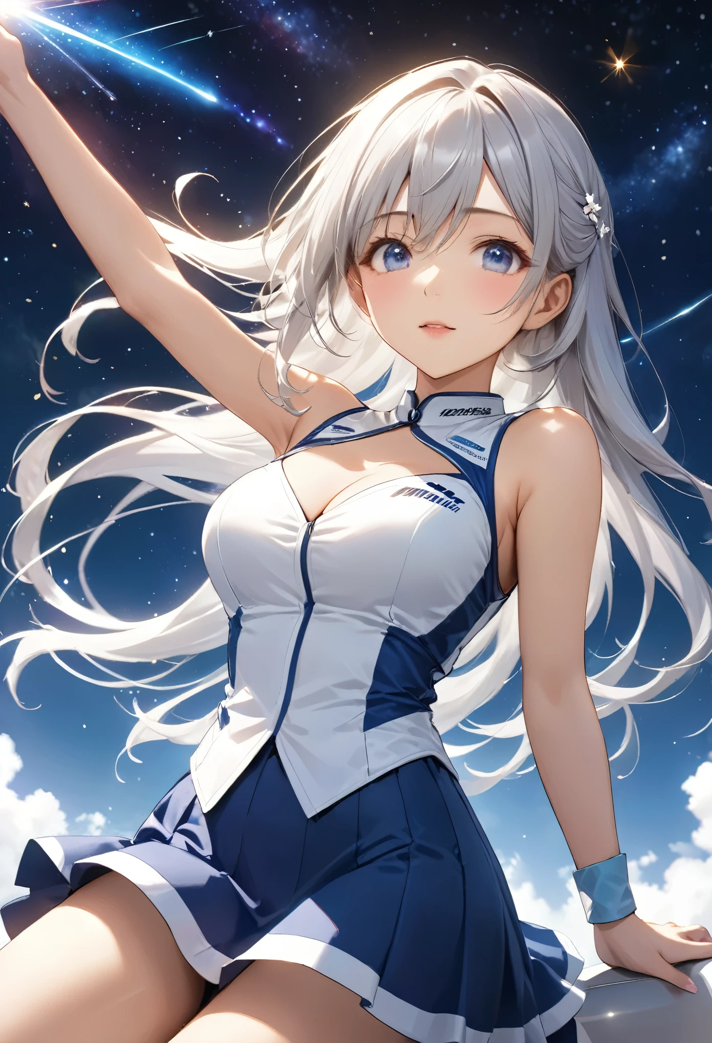 Highest quality, Super quality, 16K, Incredibly absurd, Very detailed, 2.5D, delicate and dynamic, battlefield, Small faint lights and flying fireflies, night, Starry Sky, milky way, nebula, shooting star, Extremely delicate facial expression, Delicate eye depiction, Upper body close-up, sole sexy lady, healthy shaped body, 22 years old lady, Race Queen, 170cm tall, big firm bouncing busts, white silver long hair, 派手なRace Queenのコスチューム, blue long skirt, white leather long boots, Formula 1, Auto Racing Track