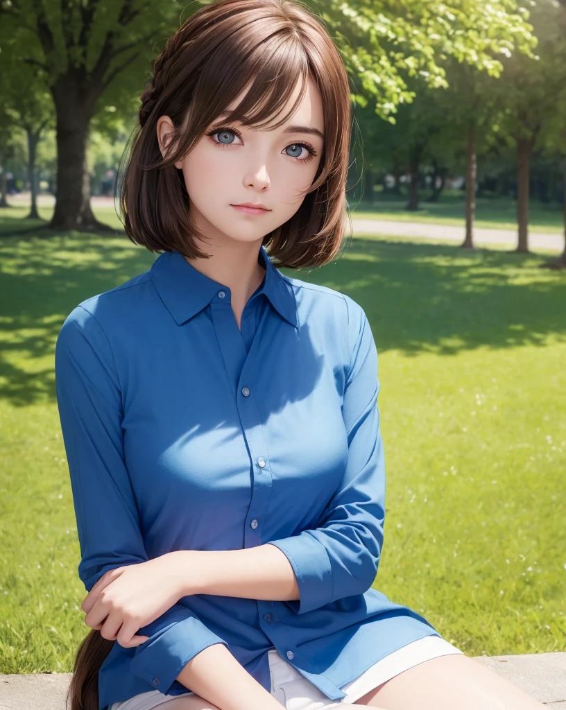 best quality, photorealistic, 8k, high res, full color, 1girl, woman, 20 years old woman, (closed mouth:1.73), (skindentation), (portrait:0.6), trees, park bench, daylight, ((park background:1.52)), full color, ((sleevelessblueshirt:1.58)), looking at viewer:1.8, (1girl eyes looking at viewer:1.55), (medium hair, brownhair, partedhair:1.45), (bokeh), 