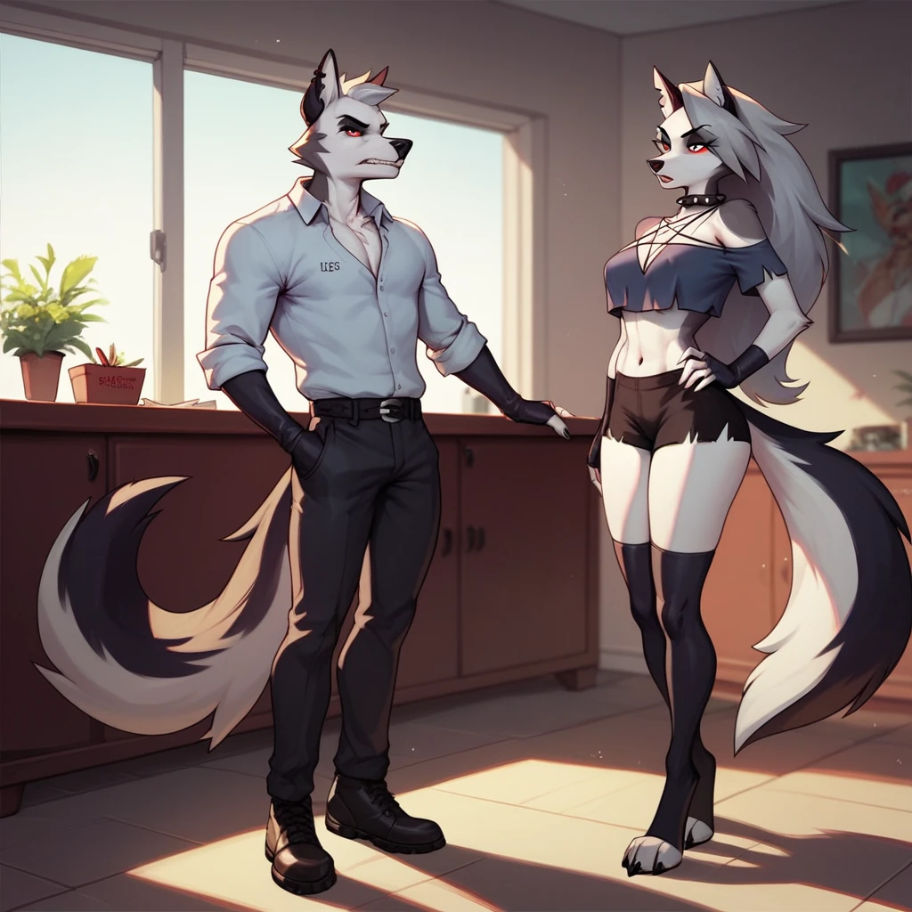 ((Perfect anatomy, detailed eyes, detailed legs, detailed arms, detailed tail, detailed body, detailed face)), Mr Wolf, (The bad guys), 1male, brown furs, yellow eyeballs, black eyes, blue suit, standing next to his sexy raccoon girlfriend with pink hair and very big milf boobs by Zackary911, Zackary911