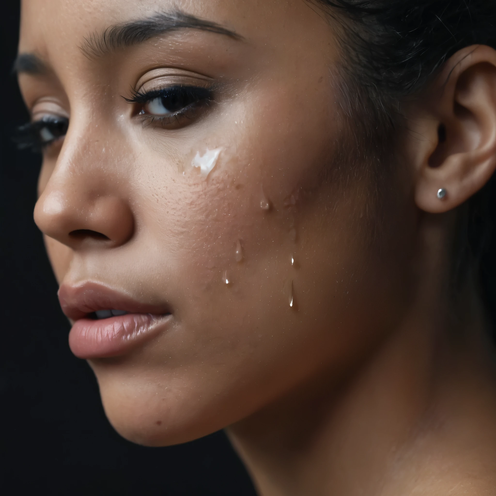 close up and zoomed in on a beautiful depressed emotional sad crying black girl with crying a single teardrop running down her face and a black background, sad, depressed, emotinoal, close up on side profile only showing cheek and eyelight falling on face, noir photorealism, mysterious portrait of a woman, chiaroscuro portrait, close up on side profile, tinashe, zoe kravitz, zoomed in on tear drop, euphoria vibes, tears, crying, black and white, dark