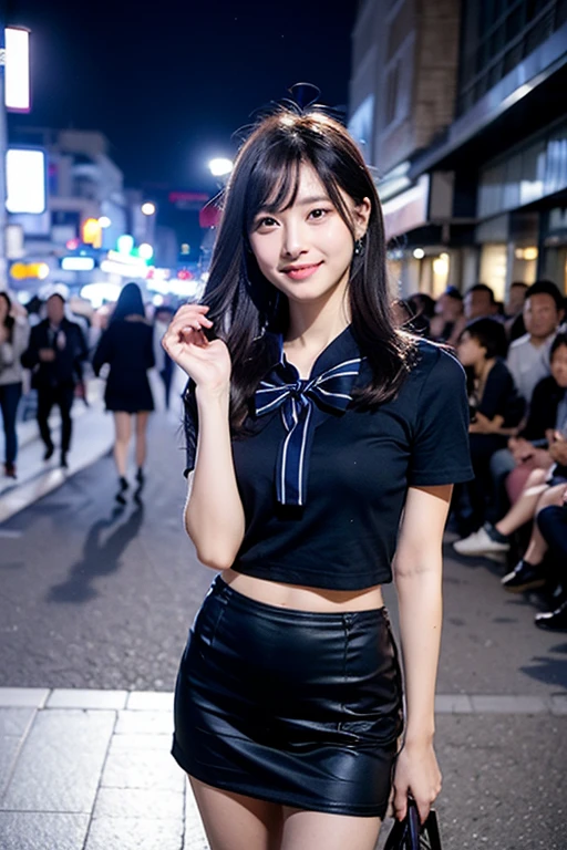 (8K, RAW Photos, Highest quality, Learning:1.3),(Realistic,photo-Realistic:1.37),(night),(The audience watching:1.331),(Gray Hair),Pause,Tokyo Street,nightcityscape,Cyberpunk City,Soft Light, One girl, Very beautiful face, Perfect Body Proportions, focal distance, bust, casual hairstyle, smile, Big eyes, (short sleeves JK_shirt), JK_style, (navy JK_skirt), (bow JK_tie), Mix 4, Fine grain