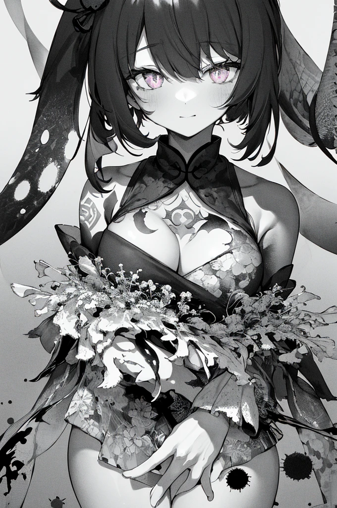 {{{{masterpiece}}}}, {{{hyper detailed}}}, {{{highres}}}, {{good anatomy}}, (((best quality))), ((an extremely delicate and beautiful)), {{an extremely detailed and delicate}}, {8k cg wallpaper}, {{illustration}}, (greyscale with colored background:1.1), ray tracing, bokeh, black background, (splattered ink:1.3), 1girl, solo, hu tao(genshin impact), boo tao, symbol shaped pupils, hiten1,
