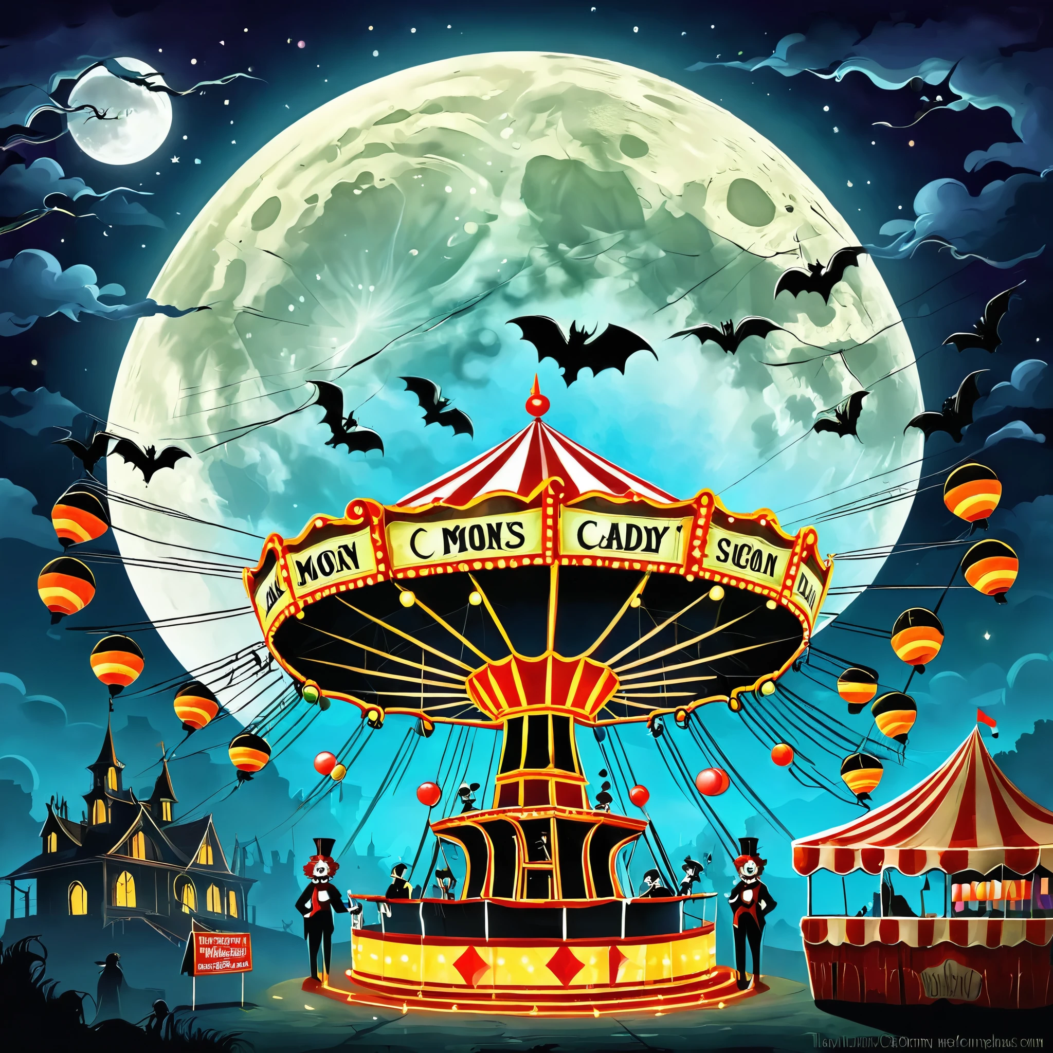 Illustrate a spooky carnival with dilapidated rides, ghostly cotton candy vendors, and creepy clowns. The moon should cast an eerie glow.