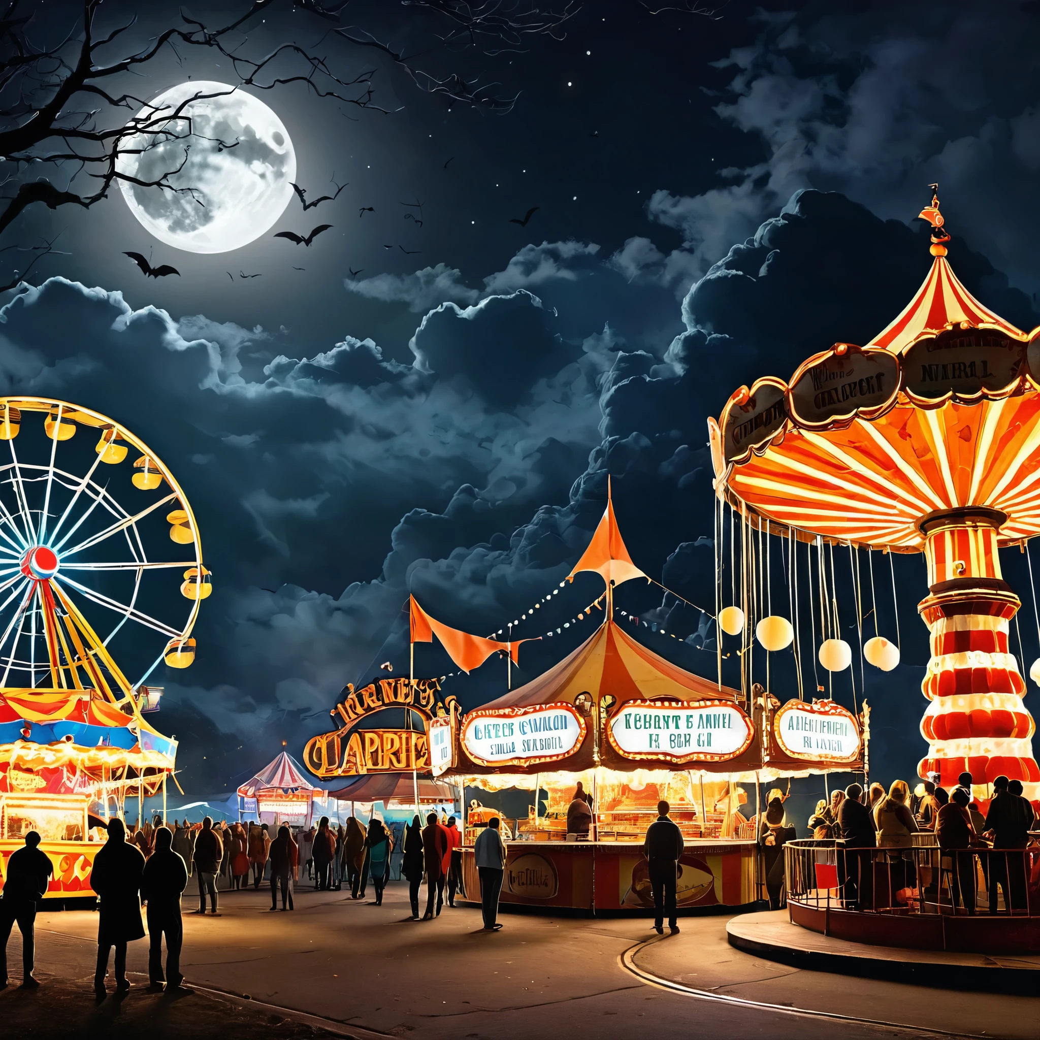 Illustrate a spooky carnival with dilapidated rides, ghostly cotton candy vendors, and creepy clowns. The moon should cast an eerie glow.