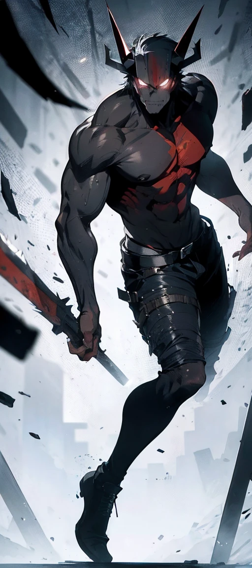 A demon from the anime Chainsaw Man, It has a hybrid hammer head, Warhammer Head, he has a gray muscular body, wearing no shirt, fully body, black hands, and look fierce, Human lips, bonitas, handsome, simple background.