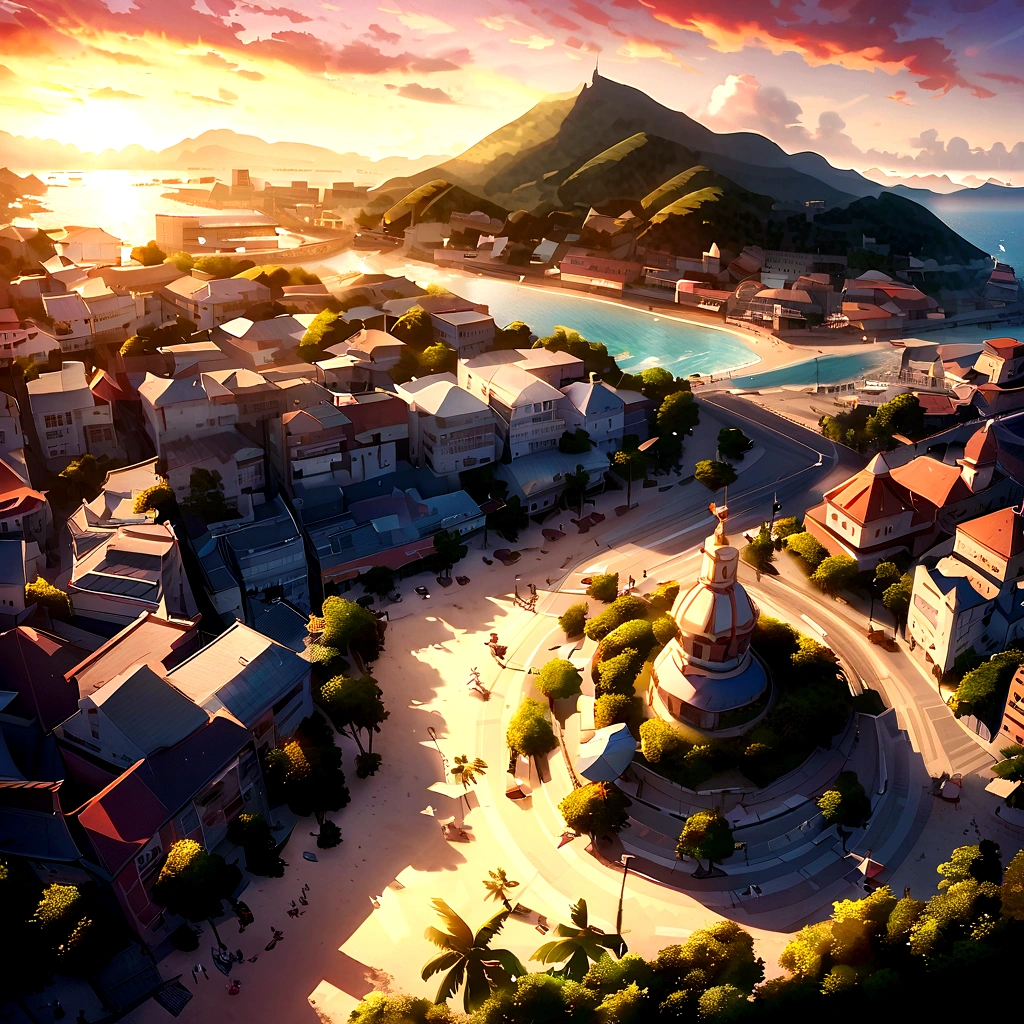 beautiful sunrise, beautiful morning, Caribbean city, city center, Beautiful beach, mountains, blue sea, tourism