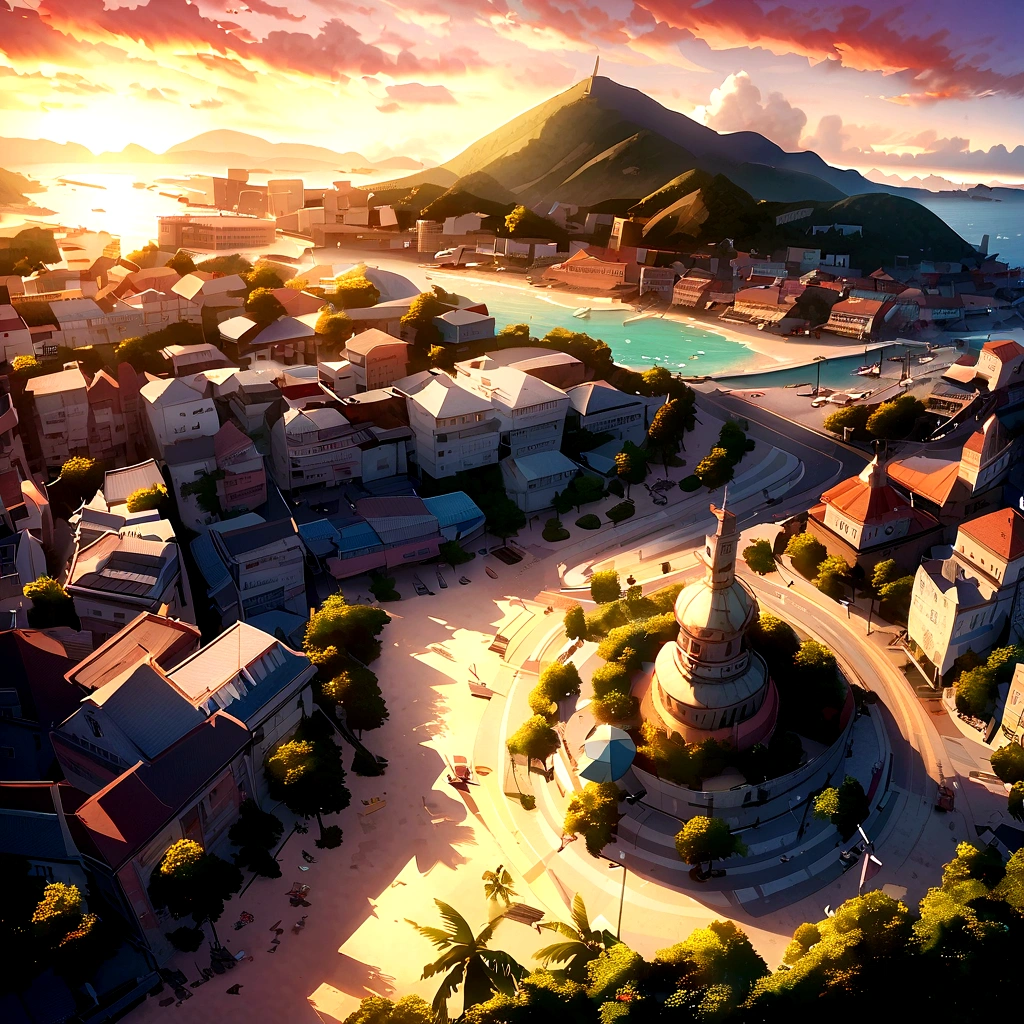 beautiful sunrise, beautiful morning, Caribbean city, city center, Beautiful beach, mountains, blue sea, tourism