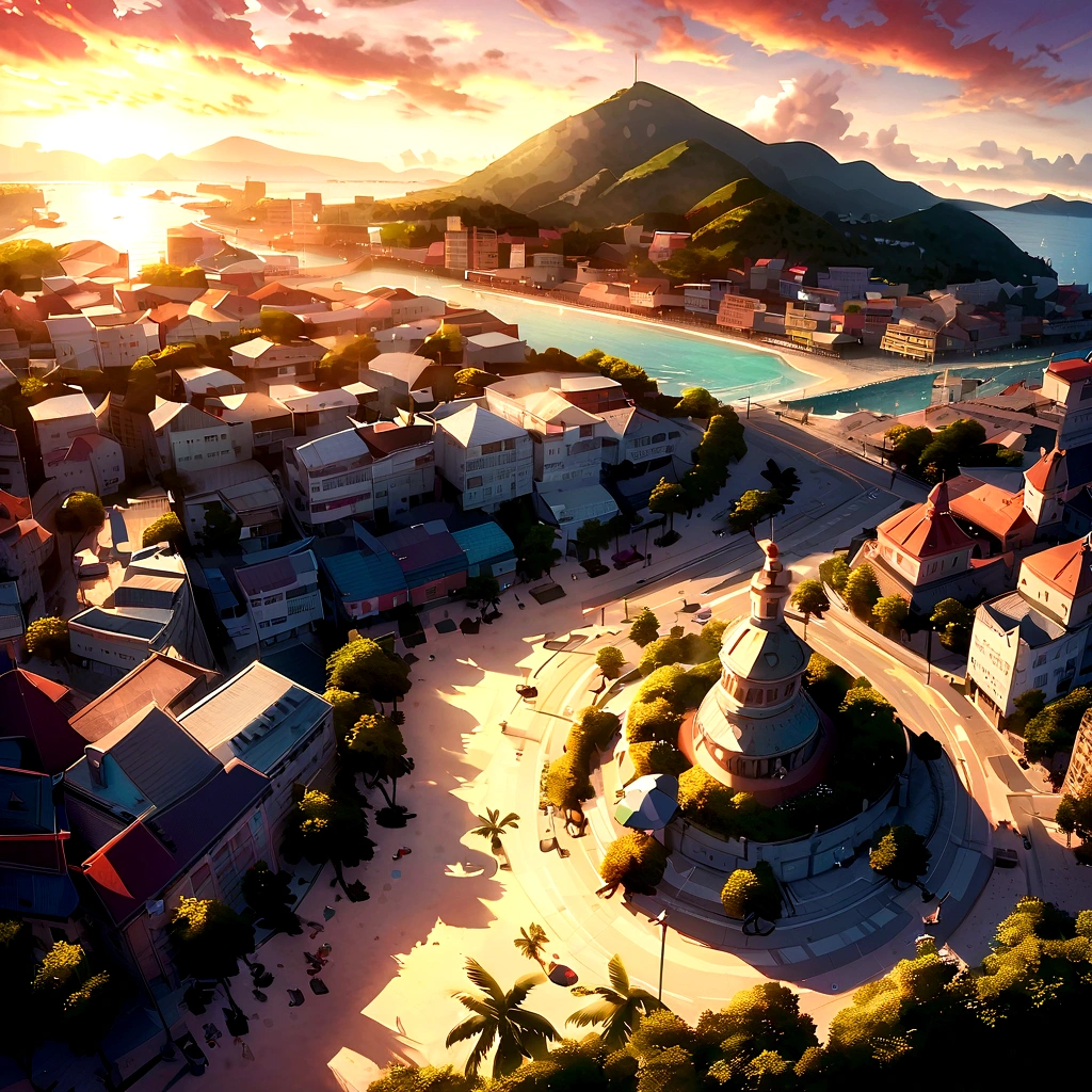beautiful sunrise, beautiful morning, Caribbean city, city center, Beautiful beach, mountains, blue sea, tourism