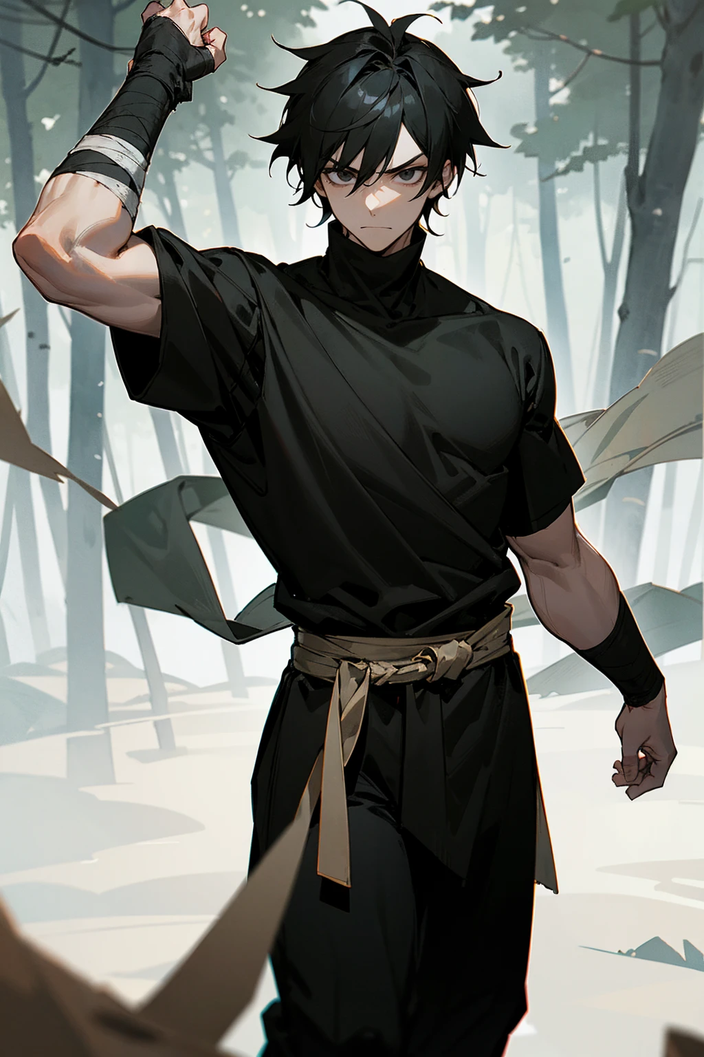 1male , Messy Black Hair , Fitted Black T-Shirt , One Arm Wrapped Fully with bandages , Serious Expression , Ninja clothing , Black Eyes , Standing on path , Forest Background , Perfect Generation