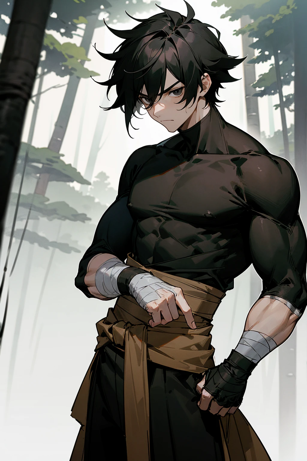 1male , Messy Black Hair , Fitted Black T-Shirt , One Arm Wrapped Fully with bandages , Serious Expression , Ninja clothing , Black Eyes , Standing on path , Forest Background , Perfect Generation