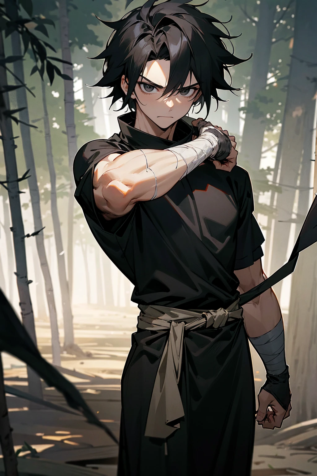 1male , Messy Black Hair , Fitted Black T-Shirt , One Arm Wrapped Fully with bandages , Serious Expression , Ninja clothing , Black Eyes , Standing on path , Forest Background , Perfect Generation
