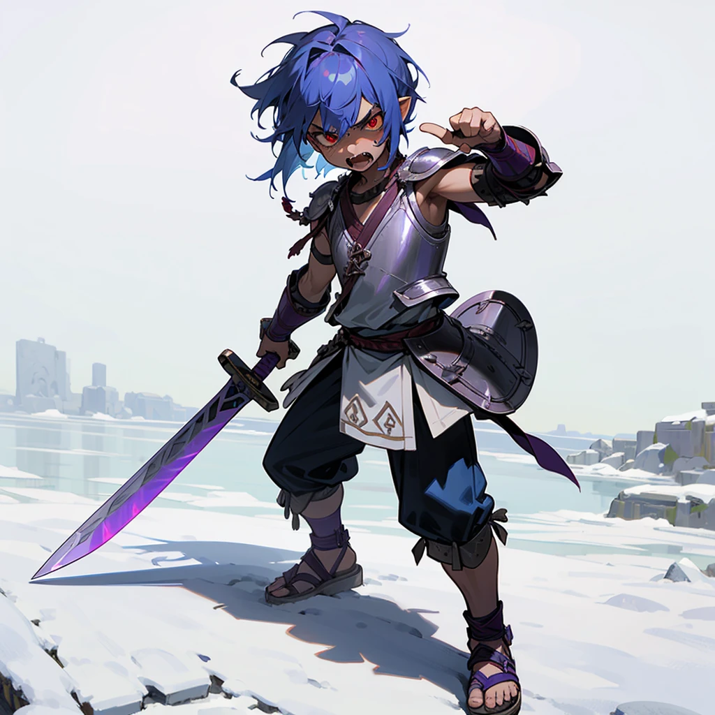 1little boy orc, Full body version, red eyes, purple colour skins, angry eyes, cut hair, blue colour hair, angry expression, ancient greek clothing, gladiator sandals, plain sword in hand, small shield, plain armor vest, Grassroots background in snow