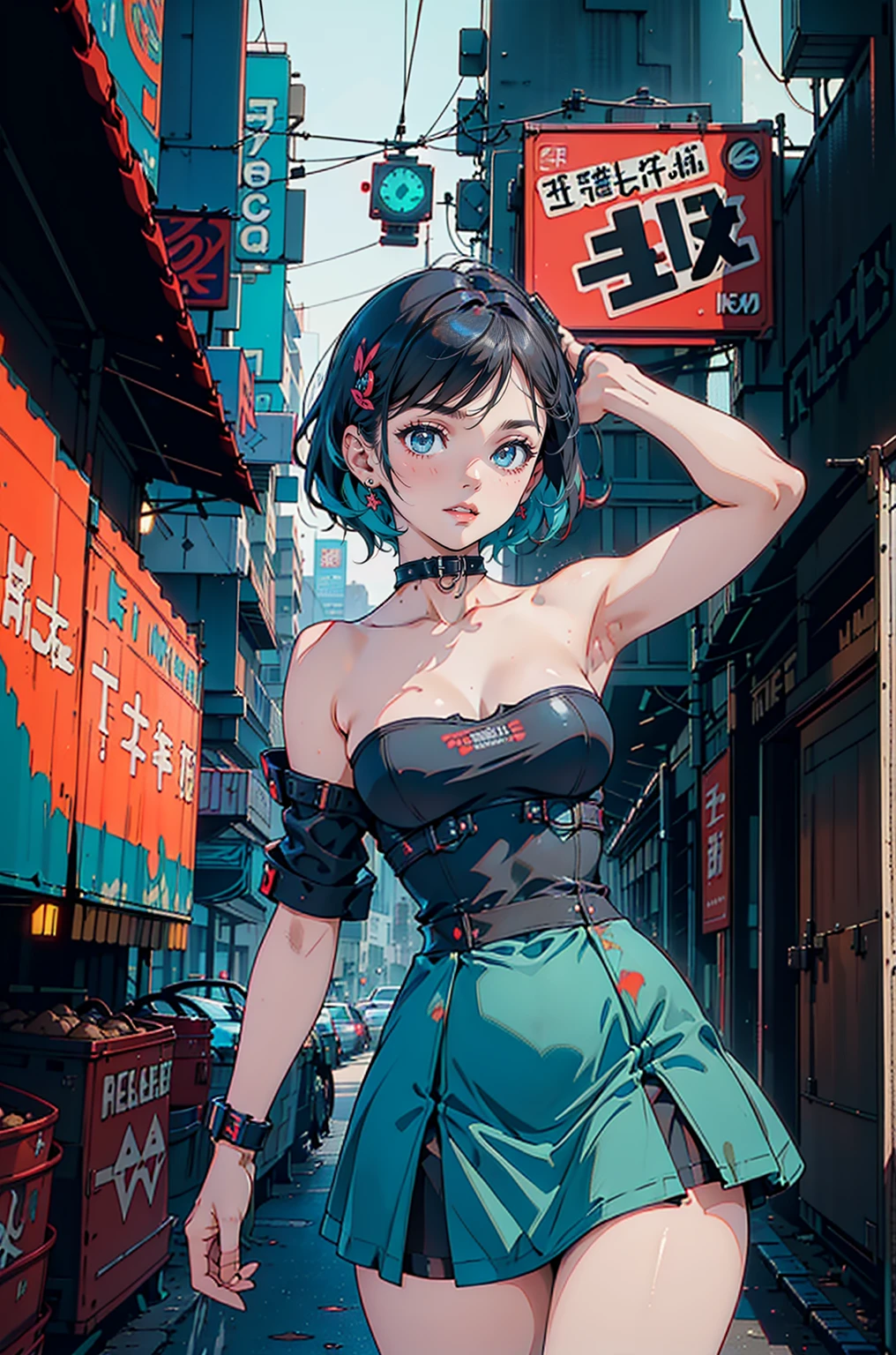 ((best qualityer)), ((work of art)), ((realisitic)) 19yearsold, red-haired girl, Hair to the shoulders, happy and relaxed face ((苗条)) (busty), ((( dark turquoise strapless bodycon dress ))) ((( mini-skirt ))) ((sensuous )) cyberpunk costume, textured pixie haircut , medium shot. beautiful face,