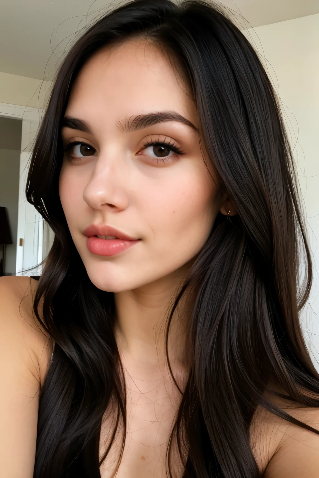 woman dark brunette long hair fleshy lip white skin