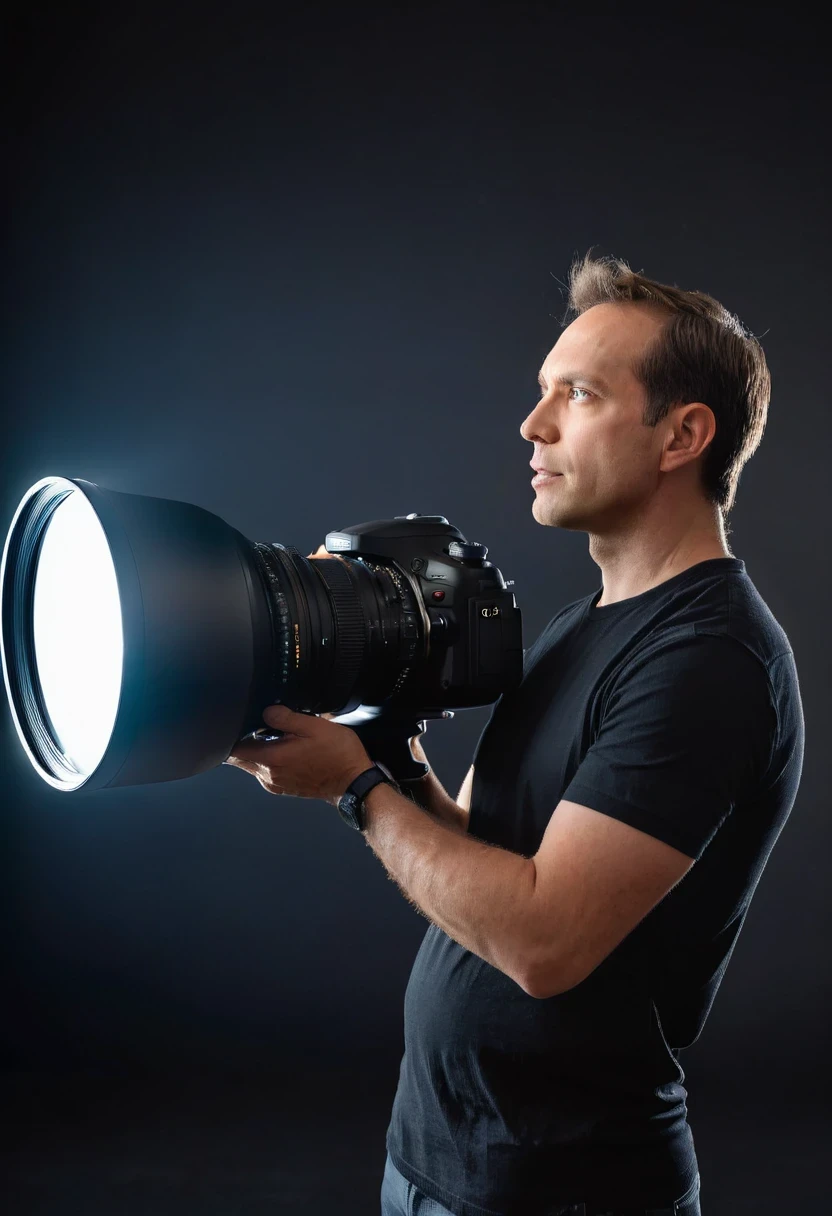 a man holding a giant sized DSLR camera lens. photography studio background with lights and softboxes and infinity wall. wearing black shirt. photo quality portrait looking to side. profile view. Ultra sharp 8k soft lighting studio lights Todder9xl (Todder9)