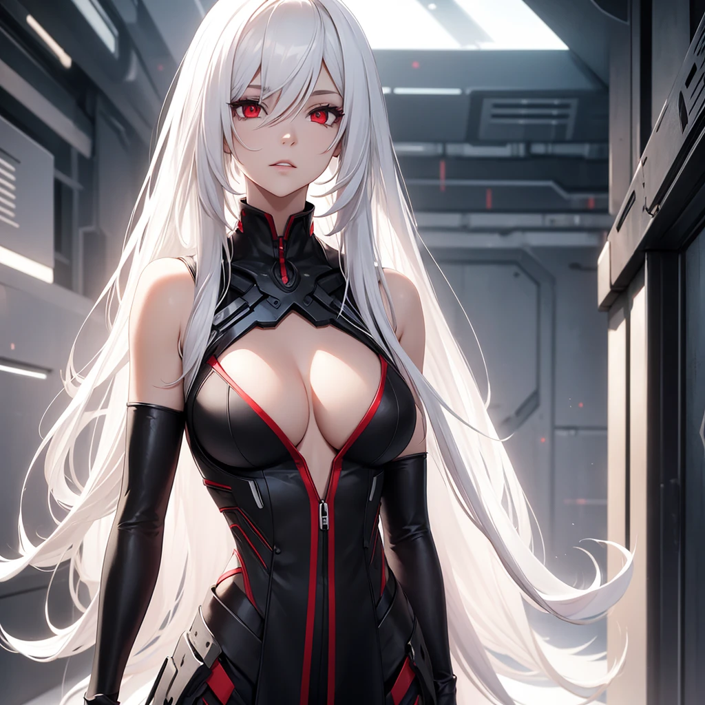 white long hair. female character. just her in the picture. Futuristic Setting, red eyes and a cleavage on the black dress