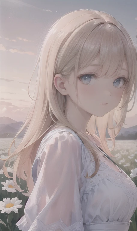 1 girl in a field of flowers, white flower, looking at the viewer, blue eyes, blonde hair, daisy, long hair, pure white dress, best quality, 4k, 8k, highres, masterpiece:1.2, ultra-detailed, realistic, photorealistic, photo-realistic:1.37, HDR, UHD, studio lighting, ultra-fine painting, sharp focus, physically-based rendering, extreme detail description, professional, vivid colors, bokeh, portrait, fantasy, cinematic lighting, natural lighting, soft focus, ethereal, serene, tranquil, dreamy