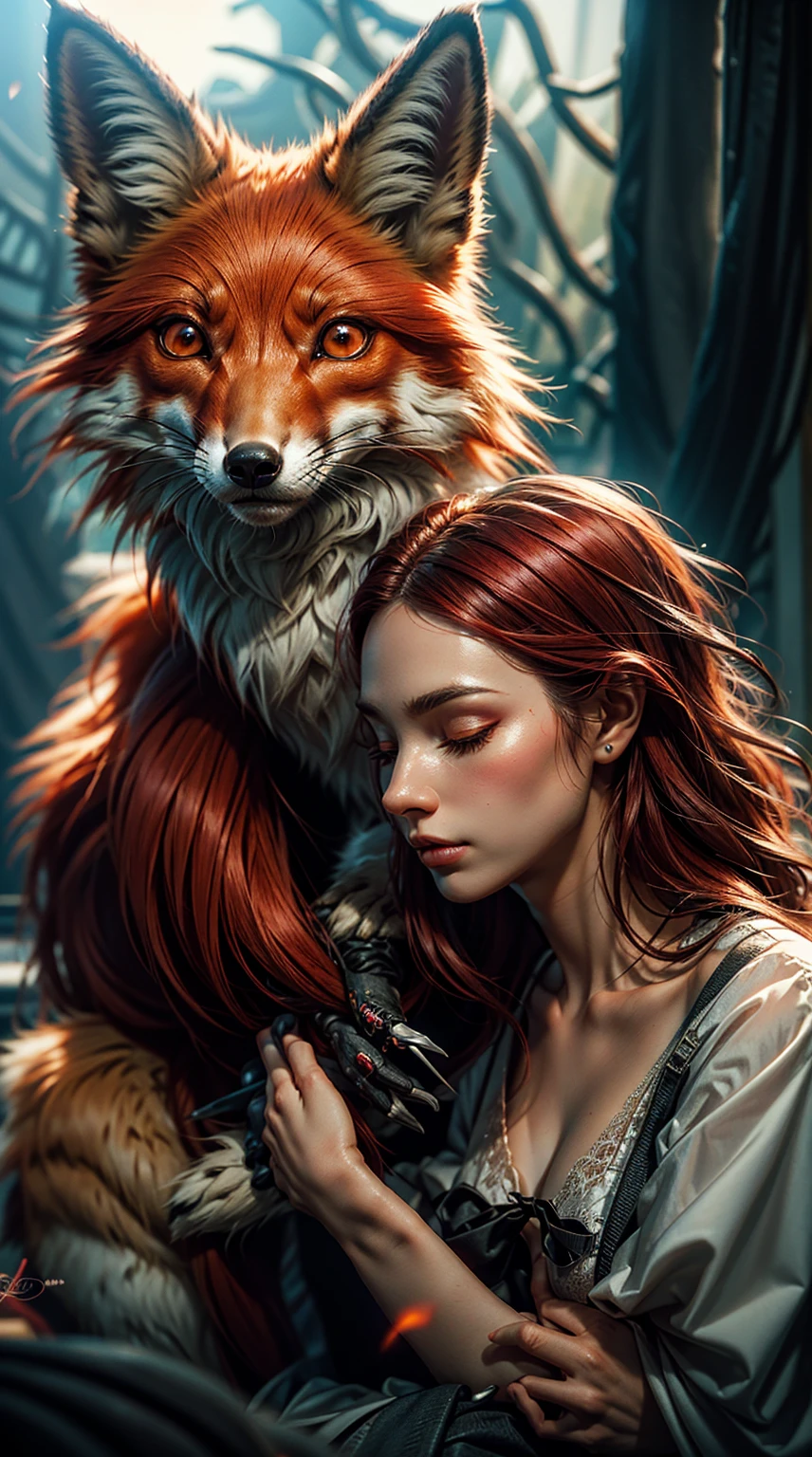 mulher com cabelo longo e vestido castanho segurando uma red fox vermelha, uma bela red fox senhora, fantasia red fox amor, Directed by: Adam Marczyński, Retrato de uma red fox antro, soft portrait shot 8 k, Directed by: Alexandre Kucharsky, com orelhas de red fox, realistic fantasy rendering, red fox, Portrait photo, wlop and andrei riabovitchev
