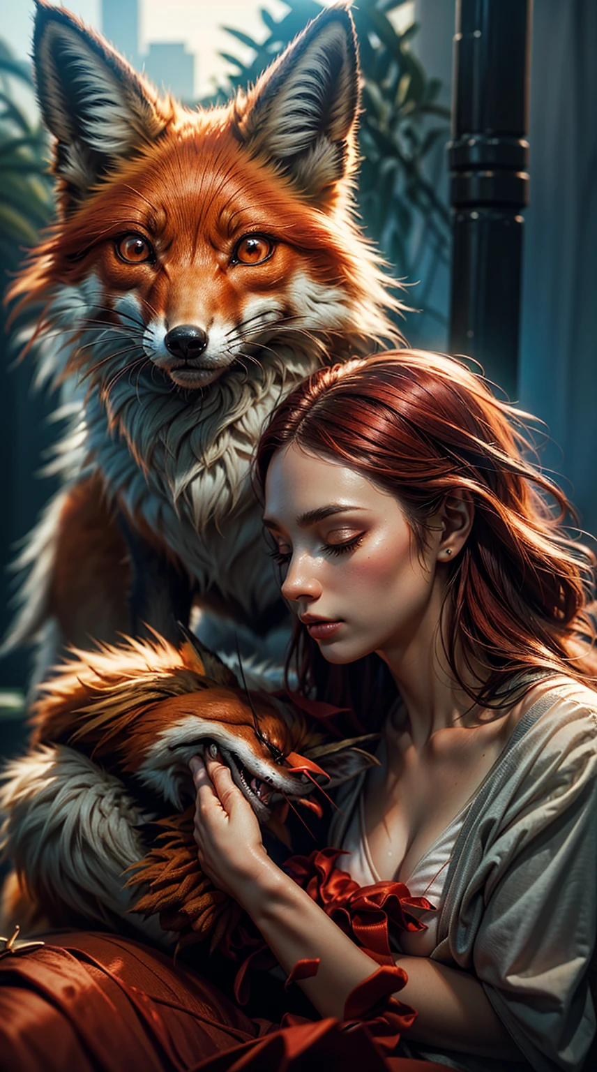 mulher com cabelo longo e vestido castanho segurando uma red fox vermelha, uma bela red fox senhora, fantasia red fox amor, Directed by: Adam Marczyński, Retrato de uma red fox antro, soft portrait shot 8 k, Directed by: Alexandre Kucharsky,  com orelhas de red fox, realistic fantasy rendering, red fox, Portrait photo, wlop and andrei riabovitchev