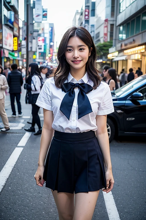 (8K, RAW Photos, Highest quality, Learning:1.3),(Realistic,photo-Realistic:1.37),(night),(The audience watching:1.331),(Gray Hair),Pause,Tokyo Street,nightcityscape,Cyberpunk City,Soft Light, One girl, Very beautiful face, Perfect Body Proportions, focal distance, bust, casual hairstyle, smile, Big eyes, (short sleeves JK_shirt), JK_style, (navy JK_skirt), (bow JK_tie), Mix 4, Fine grain