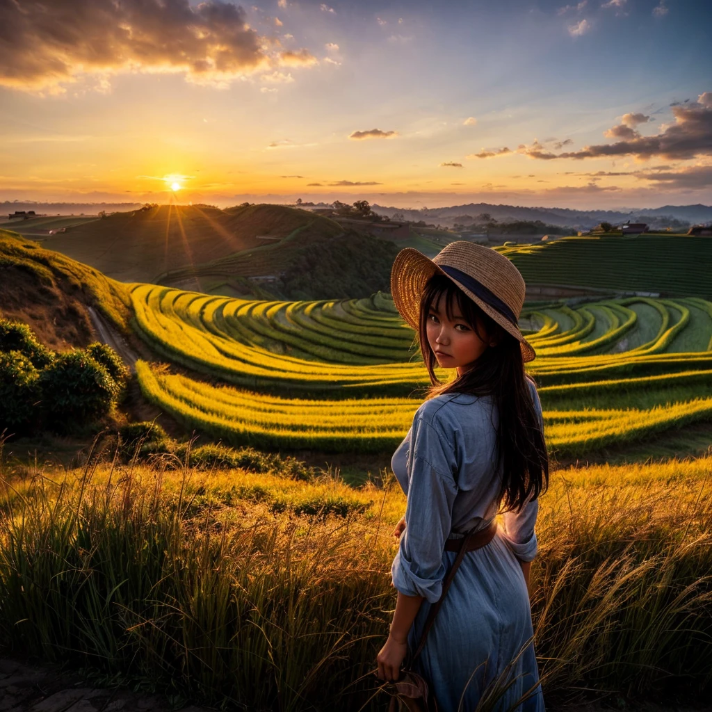 Rice field, peaceful rural landscape, terraced fields, sunset, sky and sea, girl looking at the sun setting into the sea, autumn, rice is ripening