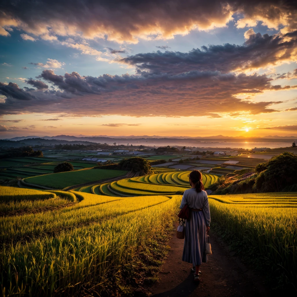 Rice field, peaceful rural landscape, terraced fields, sunset, sky and sea, girl looking at the sun setting into the sea, autumn, rice is ripening