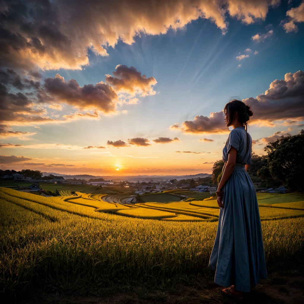 Rice field, peaceful rural landscape, terraced fields, sunset, sky and sea, girl looking at the sun setting into the sea, autumn, rice is ripening