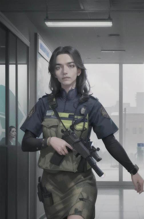 (Cao Cao quality, best qualityer, Cao Caores, work of art:1.2), (Futuristic Africa, africana:1), (1 girl, Woman, bored face:1.1), (traditional shooter, wearing ghillie suit:1), (aqua_body hair, far away_body hair, Cao Cao_hypdertailed:1), (restricted_pupils:1), (entering the idyllic police station:1.1), (perfect, dazzling, detailded:1.4)