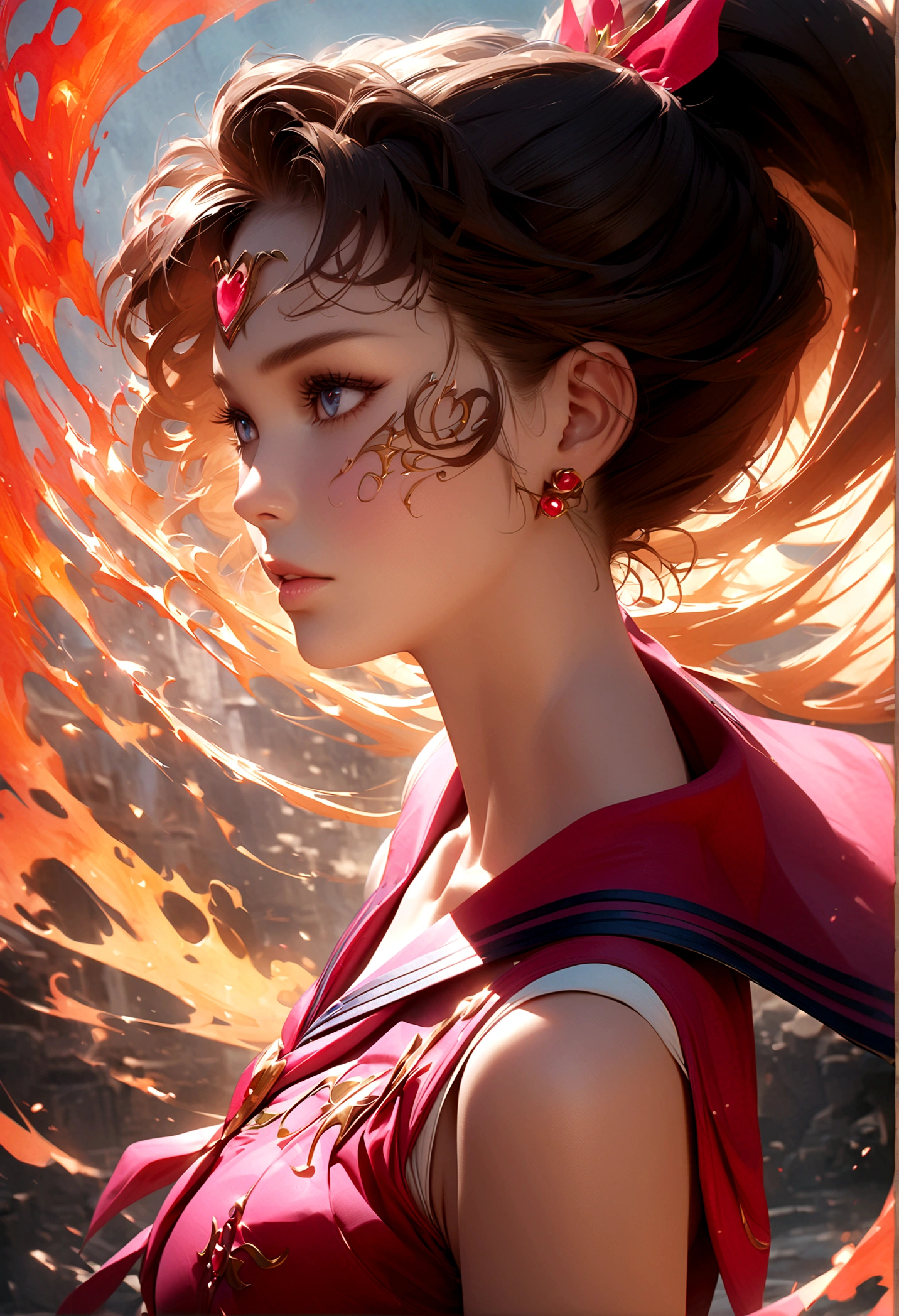 anime「Sailor Moon」, Sailor Mars,Background of swirling flames, Elegant and delicate eyes, Detailed facial features, Long eyelashes, Beautiful lip detail, graceful and detailed poses, Very detailed, masterpiece, 4K, Realistic, Dynamic configuration, Vibrant colors, Soft and dreamy, Magical Girl Fantasy,Fantasy