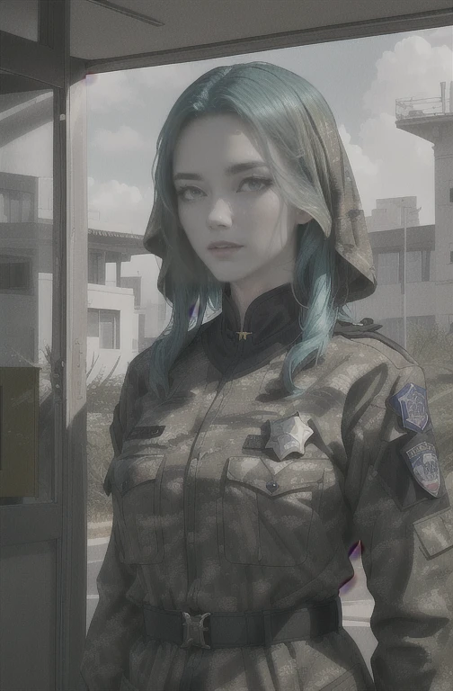 (Cao Cao quality, best qualityer, Cao Caores, work of art:1.2), (Futuristic Africa, africana:1), (1 girl, Woman, bored face:1.1), (traditional shooter, wearing ghillie suit:1), (aqua_body hair, far away_body hair, Cao Cao_hypdertailed:1), (restricted_pupils:1), (entering the idyllic police station:1.1), (perfect, dazzling, detailded:1.4)