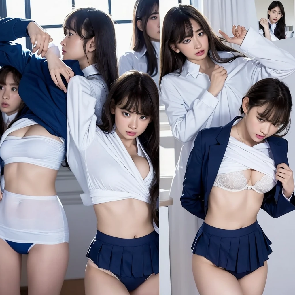 Tabletop, Highest quality, Five girls in a classroom,(5人がAre standing:1.2),Are standing,, View your viewers,Group shot, Harem,Hmph,フルバックpanties, (panties),Realistic,,(Dark blue blazer and white shirt) ,(Dark blue pleated skirt),Blue Ribbon ,(Recall, Grab your ass:0.9),(Beautiful Eyes:1.3),From below,From below,Kinney,(スKinney:1.2) ,Thin thighs, long body, Illustrations for novels,(Stink Eye:0.5),I closed the curtains.,(Shirt lift,Lifted it himself:1.5) ,Dark person.Lift the skirt forward,