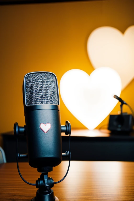 An image of a heart and a microphone with glasses on a postcast table