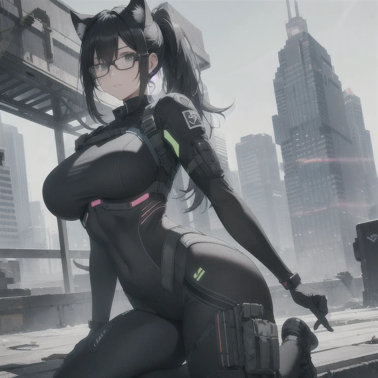 Absurd resolution, high resolution, (masterpiece: 1.4), hyper-detail, full body shot, solo, 1 kemono feline cat woman, humanoid, no skin other than neck and head shown, black hair, glasses, messy ponytail, cute face, detailed soft grey eyes, huge massive hyper super swollen heavy breasts that cover her whole torso and are bigger than her head while being so big they reach her belly button, extremely super large swollen perky heavy bust, wide full hips, narrower torso and shoulders, smaller torso, full thicc big soft thighs, big rounded full soft butt, ruggedized utility styled outfit, fully insulated suit, full body outfit coverage with no skin showing or revealed, scifi monochrome black and grey fullbody covering protective padding rugged loose-fitted pilot utility suit with white chest, protective padding on hips and thighs and abdomen, practical/functional clothing, weather-proof durable clothing material, nylon clothing material, custom made clothing to fit and support large breasts, scifi padded rugged rigid high collar techwear jacket, white and black triangular decals and techwear iconography on apparel and clothing, techwear gloves, arm mounted strapped display scifi tablet/communication device/computer, rugged tablet display mounted on MOLLE strap on top of her bust, ruggedized computer tablet mounted above her breasts, screen display mounted on top of her chest, ruggedized tech, ruggedized tech aesthetic, fitted utility pants, utility chaps, near future scifi, cyberpunk aesthetic, anime aesthetic