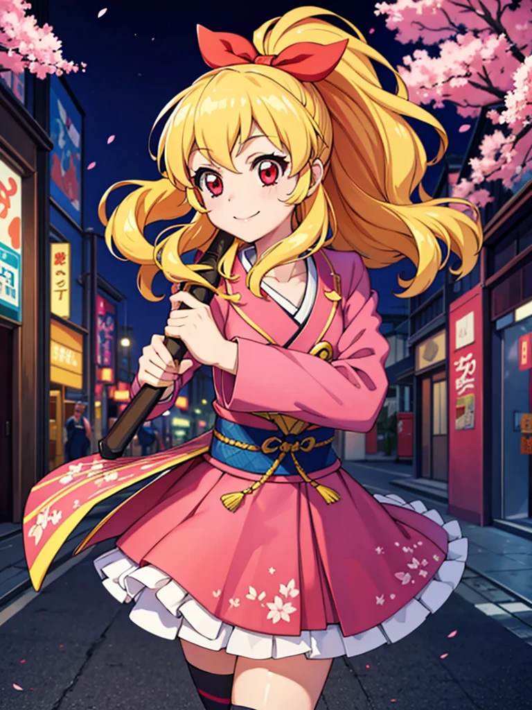 absurdres, absolutely resolution, incredibly absurdres, highres, ultra detailed, official art, unity 8k wallpaper,
BREAK
1 girl, soro, long hair, blonde hair, bow, kimono blazer, kimono skirt, over black legwear,, doyagao, smile, red eyes, kimono, cherry blossom print,
BREAK
holding weapon, holding katana, (katana:1.2), fighting stance, cowboy shot,
BREAK
(cyberpunk:1.1), cyber city, neon city, cyber street, japanese night, cherry blossoms, sakura fubuki, Ichigo Hoshimiya (Aikatsu!)