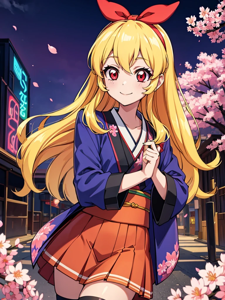 absurdres, absolutely resolution, incredibly absurdres, highres, ultra detailed, official art, unity 8k wallpaper,
BREAK
1 girl, soro, long hair, blonde hair, bow, kimono blazer, kimono skirt, over black legwear,, doyagao, smile, red eyes, kimono, cherry blossom print,
BREAK
holding weapon, holding katana, (katana:1.2), fighting stance, cowboy shot,
BREAK
(cyberpunk:1.1), cyber city, neon city, cyber street, japanese night, cherry blossoms, sakura fubuki, Ichigo Hoshimiya (Aikatsu!)