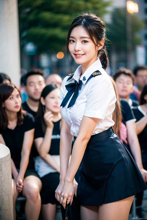 (8K, RAW Photos, Highest quality, Learning:1.3),(Realistic,photo-Realistic:1.37),(noon),(The audience watching:1.331),(Gray Hair),Pause,Tokyo Street,Night cityscape,Cyberpunk City,Soft Light, One girl, Very beautiful face, Perfect Body Proportions, focal distance, bust, casual hairstyle, smile, Big eyes, (short sleeves ＪＫ_shirt), ＪＫ_style, (navy ＪＫ_skirt), (bow ＪＫ_tie), Mix 4, Fine grain