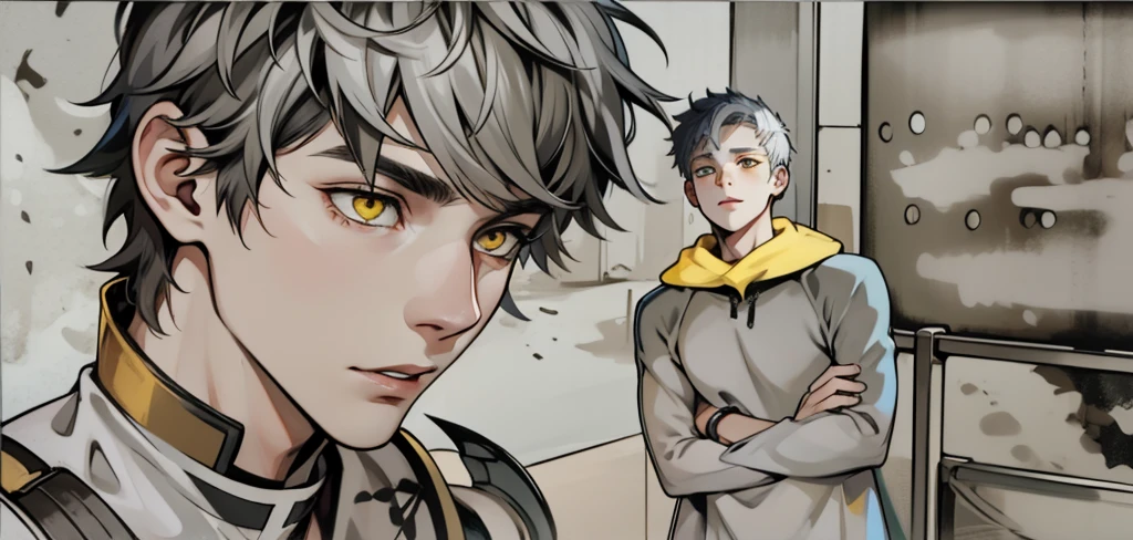 There are two cute young men of 18 years old with white hair and yellow eyes.