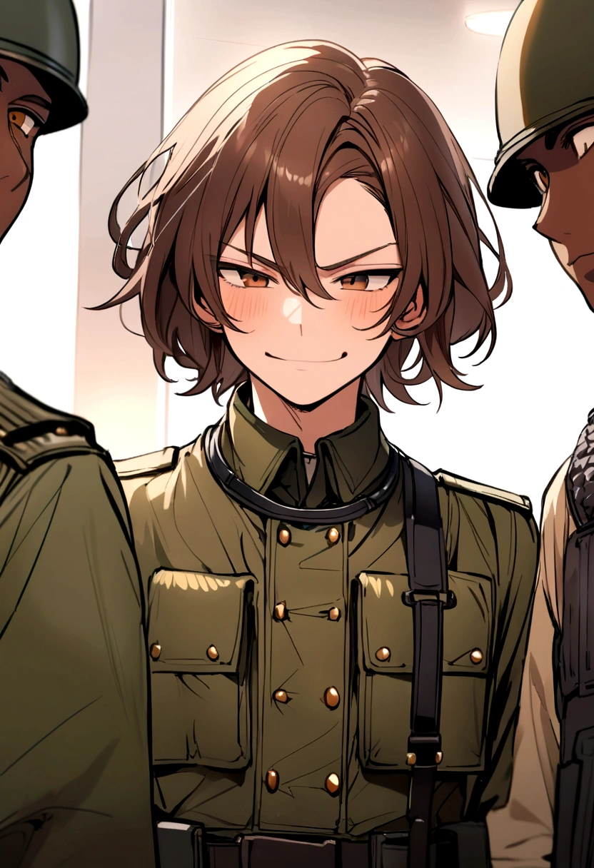 Black young man, brown hair, messy medium hair, arrogant smile, brown eyes, Soldier boy outfit
