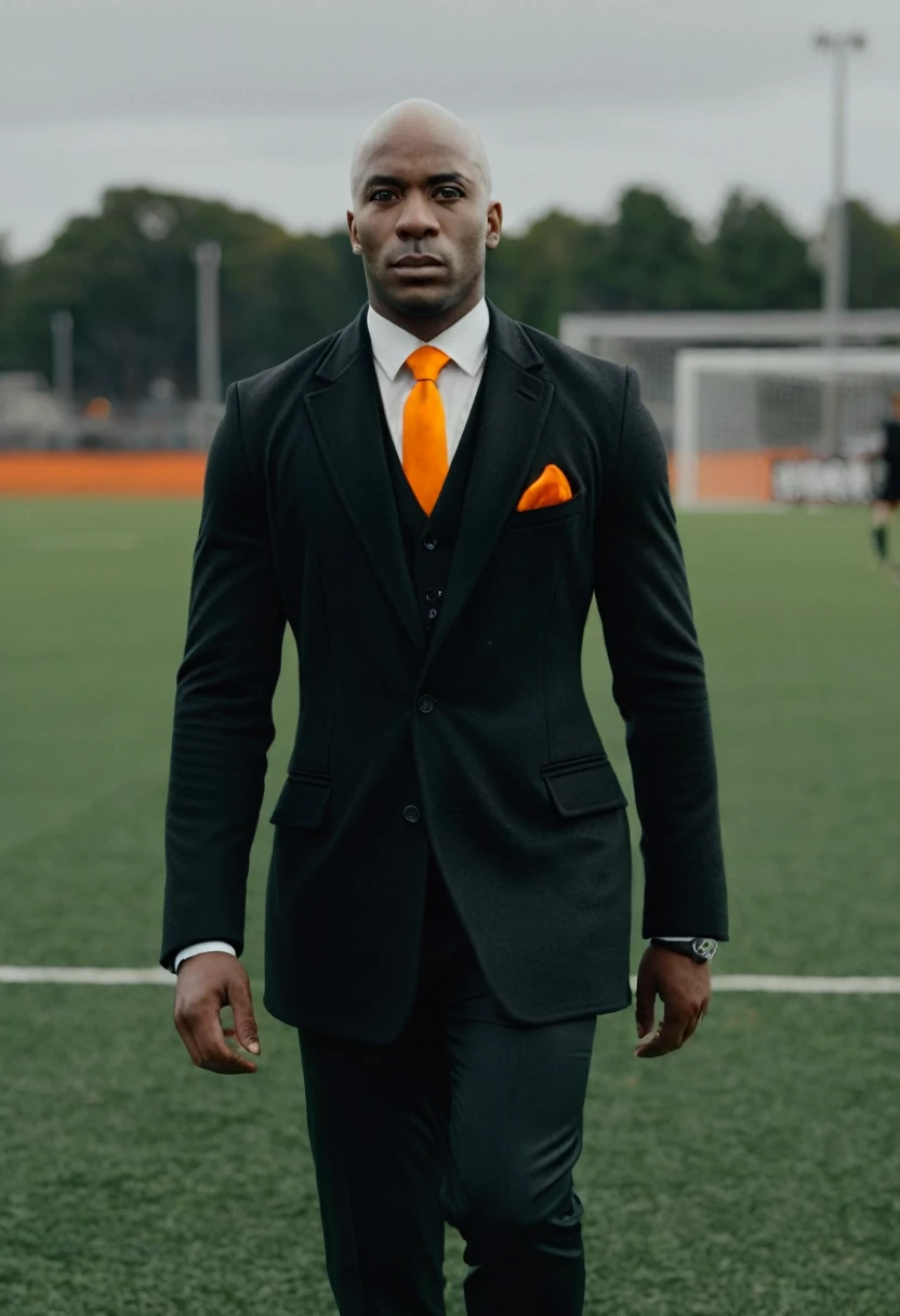 bald african-american man in a black suit, orange tie, orange pocket square, black overcoat, walking toward camera, photorealistic, professional, bokeh, cinematic photo, realistic, (real lighting:1.2), (realistic lighting:1.5), (real ilumination:1.2), (realistic ilumination:1.5), (shadows:1.2),(real shadows), 4k, highly detailed, on a soccer field, overcast sky